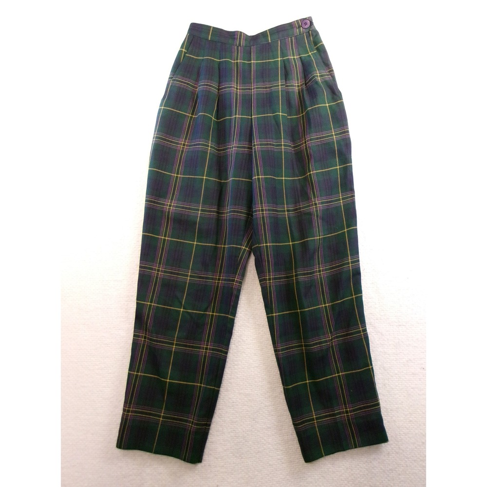 Hanasport Plaid Trousers Womens 4 Green Vintage High Rise Pleated USA